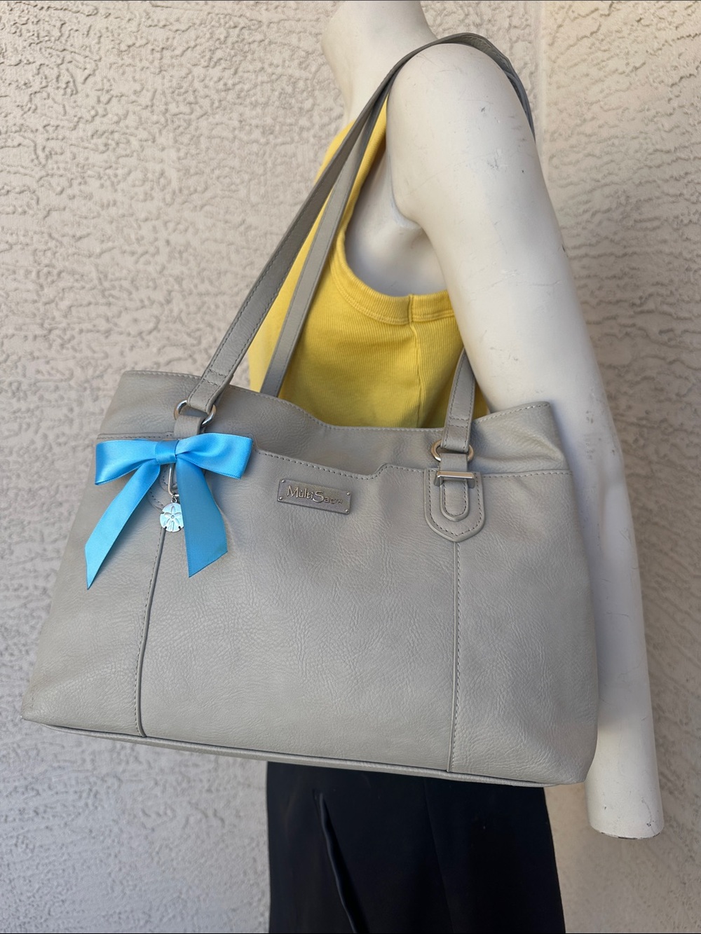Light Gray Shoulder Tote with Blue Ribbon Charm